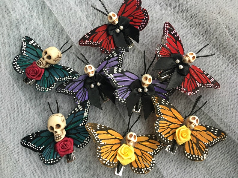 Gothic Hair Accessories Skull Butterfly Hair clips Butterfly Clips Day of the Dead 1 PAIR of Orange Skull Barrettes