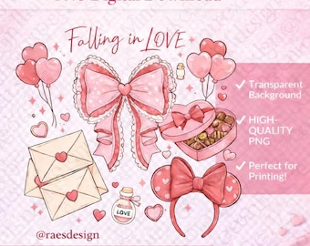 Falling in Love Valentijn clipart png | Valentijnsontwerp met roze strik | Digitale download Valentijn | Sublimatie- en stickerontwerp