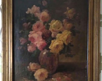 Antiek origineel kunstwerk olieverfschilderij aan boord, stilleven van rozen in vaas door Émile Godchaux, circa 1900