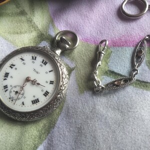 Antique Silver Open Face Trib Pocket Watch, Stem Wound, Made in France, with Albert Chain and Ceramic Limoges Box, Working Order, Circa 1920