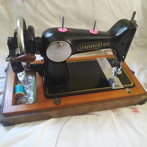 Vintage Hand Crank Sewing Machine, Harris 9H in Snake Skin Effect Case, Circa 1950s