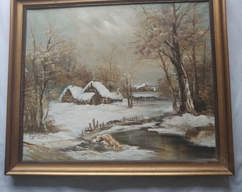 Pintura al óleo original vintage sobre lienzo, paisaje invernal de Henry Gordon