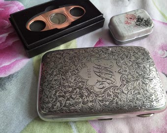 Antique English Sterling Silver Cigar Case, Hand Engraved, Hallmarks William Aitken, Chester Circa 1901, Cigar Cutter, Presentation Box