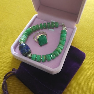 Chrysocolla Gemstone Bracelet with Emerald Ring in Sterling Silver