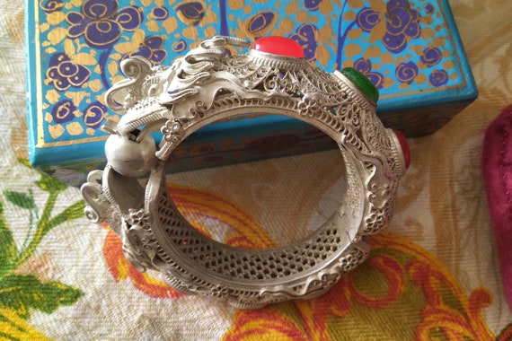 Antique Chinese Silver Filigree Bangle, Intricate… - image 1