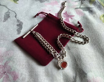 Antique Solid Silver Pocket Watch Albert Chain with Carnelian & Bloodstone Swivel Fob, Circa 1900