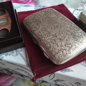 Antique English Sterling Silver Cigar Case, Hand Engraved, Hallmarks William Aitken, Chester Circa 1901, Cigar Cutter, Presentation Box