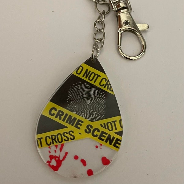 Bag tag Keychain keyring CRIME SCENE Yellow tape Fingerprints