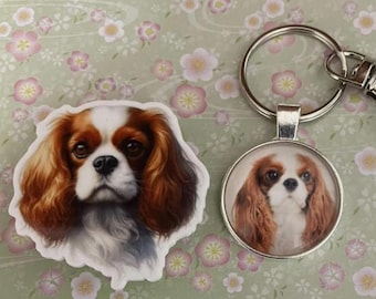 May include: A sticker and a keychain featuring a Cavalier King Charles Spaniel. The sticker shows the dog's head, with brown and white fur. The keychain has a round pendant with the dog's portrait and a silver-coloured ring.