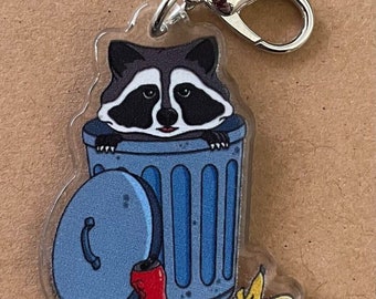 zipper pull acrylic charm for phone, lanyard, purse or bag raccoon trash panda Image on both sides zip stitch marker