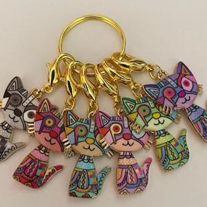 stitch marker SET of 6 cats kittens markers crochet knitting counter counters progress modern Zipper pulls