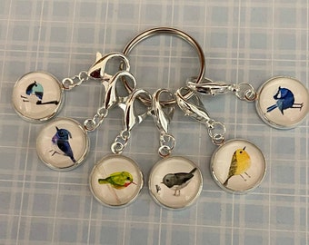 May include: Six silver stitch markers with colorful bird charms. Each charm features a different bird with a white background. The charms are attached to a silver key ring.