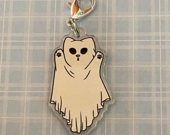 zipper pull acrylic charm for phone, lanyard, purse or bag ghost cat kitten Image on both sides zip stitch marker