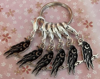 stitch marker SET of 6 raven crow bird bird markers crochet knitting counter Zipper pulls