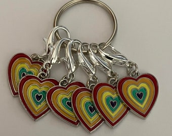 stitch marker SET of 6  rainbow hearts crochet knitting counter counters progress