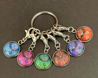stitch marker SET of 6 dandelions flowers RAINBOW crochet knitting counter counters progress Zipper pulls