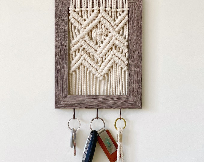 Macrame Framed Key Holder Hooks, Jewelry Holder, Bohemian Decor, Wall ...