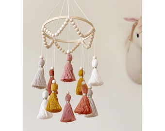 Sweet Boho tassel nursery mobile, Kids playroom decor, Neutral crib mobile