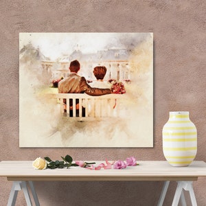 Custom Anniversary Portrait Watercolor Painting From Photo – Personalized Wall Art Gifts - Digital Print On Canvas Ready To Hang