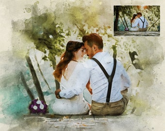 Custom Anniversary Watercolor Portrait Painting From Photo – Personalized Wall Art Gifts - Digital Print On Canvas Ready To Hang