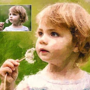 Op de afbeelding: Een jong kind met blond haar blaast op een paardenbloem terwijl het naar de hemel kijkt. De afbeelding is geschilderd in een stijl die doet denken aan een olieverfschilderij.