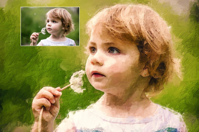 Op de afbeelding: Een jong kind met blond haar blaast op een paardenbloem terwijl het naar de hemel kijkt. De afbeelding is geschilderd in een stijl die doet denken aan een olieverfschilderij.