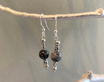 Woman's Earrings, Snowflake Obsidian, Silver, Beads, Bead Earrings