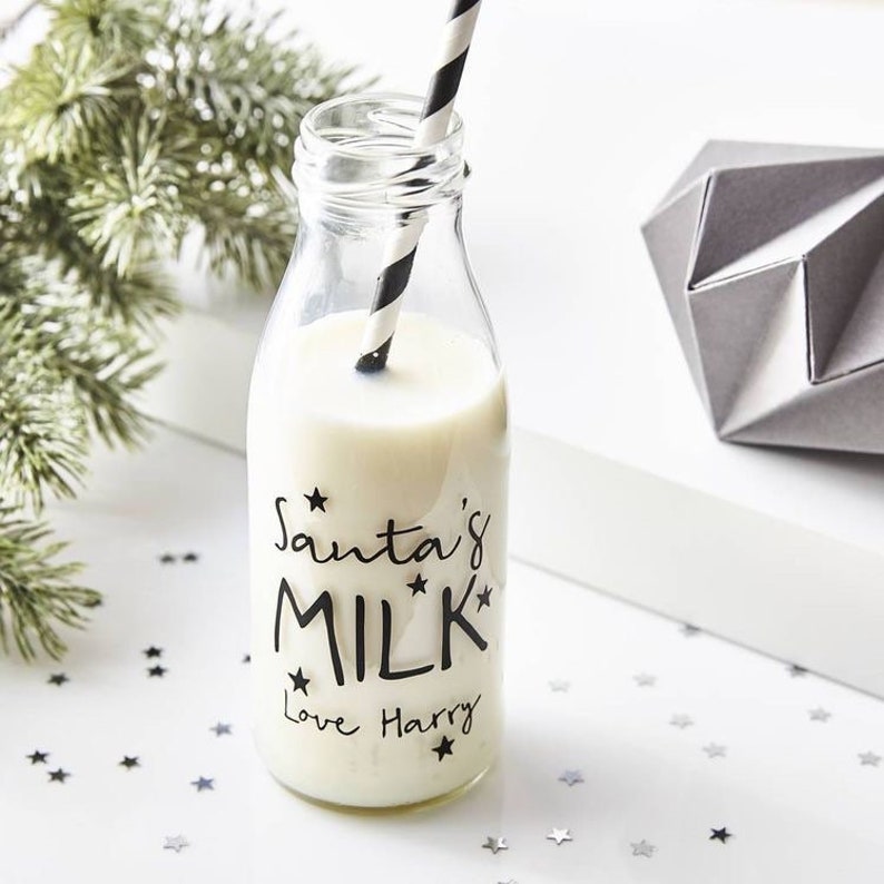 Christmas Eve Santa Glass Milk Bottle UK FAST FREE Delivery Personalised Custom Name Santa Milk Bottle Xmas Eve