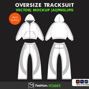 May include: A white oversized tracksuit with a zippered hoodie and pants. The pants have a wide leg and a stripe down the side. The tracksuit is a mockup for fashion design.