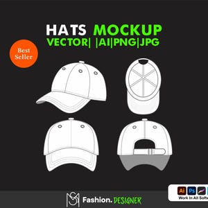 May include: A white baseball cap mockup with four different views: front, back, side, and top. The cap has a curved brim and a stitched design.