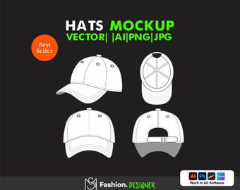 Men's Hat Mockup Vector | Hat Tech Pack Template | Streetwear Hat Baseball Cap| Custom Hats Technical Drawing | Clothing Brand Hat Template