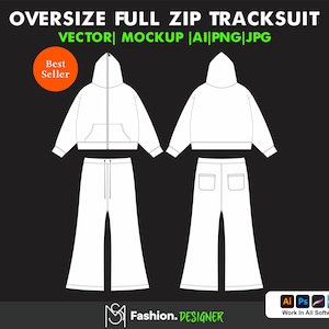 Tute Vector Mockup / Streetwear hoodie mockup Tech Pack cad / Full Zip Templates / Clothing Technical Drawing - AI svg File