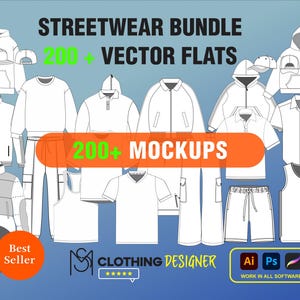 Streetwear Vector Mockup Pack | 200+ clothing Mockup Bundle | Fashion Illustrator Vector | Tech Pack | Procreate Mockup Template Design
