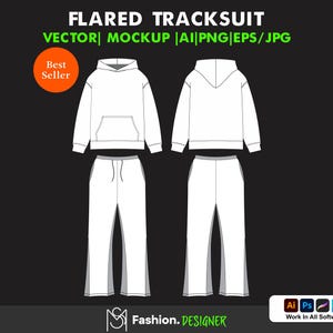 May include: A white tracksuit with a flared leg design. The tracksuit includes a hoodie with a kangaroo pocket and matching trousers.