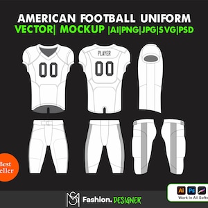 Könnte beinhalten: Weißer Mockup eines American-Football-Trikots mit Trikot, Hose und Helm. Das Trikot trägt die Nummer "00" und das Wort "PLAYER" auf der Vorderseite. Die Hose hat einen grauen Streifen an der Seite. Der Helm hat ein graues Visier.