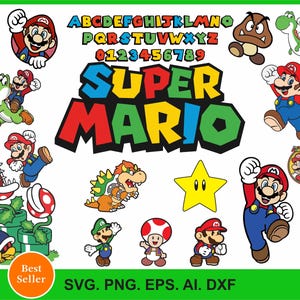 Pacchetto Super Mario SVG per Cricut e sublimazione, file di taglio di Mario, clipart di Mario, font di Super Mario, PNG di Mario, Ai