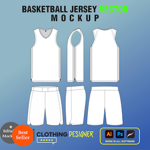 Könnte beinhalten: Ein weißes Basketballtrikot-Mockup mit einem ärmellosen Design. Das Trikot hat einen V-Ausschnitt und ein weißes Tanktop darunter. Das Mockup beinhaltet auch Shorts mit einem weißen Design. Der Text "BASKETBALL JERSEY VECTOR MOCKUP" befindet sich oben im Bild. Der Text "CLOTHING DESIGNER" befindet sich unten im Bild.