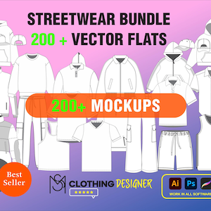 Streetwear Mockups 200+ Vector Bundle Pack - Fashion Design Tech Pack templates- Procreate PNG and cad clothing Flats