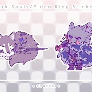 May include: Two stickers featuring characters from Dark Souls/Elden Ring. One sticker shows a sleeping wolf with a sword and a small figure. The other sticker depicts a wolf-like character holding a sword. The stickers are in shades of purple, gray, and white.