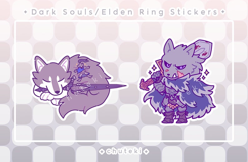 May include: Two stickers featuring characters from Dark Souls/Elden Ring. One sticker shows a sleeping wolf with a sword and a small figure. The other sticker depicts a wolf-like character holding a sword. The stickers are in shades of purple, gray, and white.