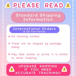 May include: A pastel-colored graphic with the text "PLEASE READ" and "Standard Shipping Information." It details shipping for international orders and US territories, noting no tracking and slower delivery. It also says to upgrade shipping for accurate tracking.