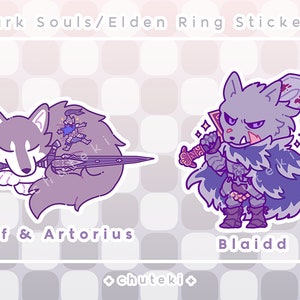 May include: Two stickers featuring characters from Dark Souls/Elden Ring. One sticker shows a sleeping wolf with a sword and a knight. The other sticker depicts a wolf-like character holding a sword. The stickers have a purple and white color scheme.