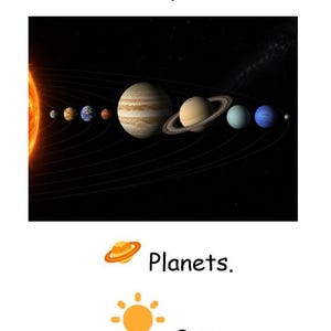Puede incluir: Una ilustración gráfica titulada Space que muestra el Sol a la izquierda y ocho planetas orbitando en línea sobre un fondo negro. Debajo de la ilustración, se muestran los textos Planets y Sun con sus iconos correspondientes.