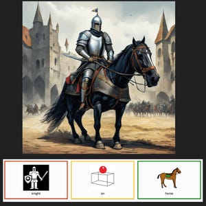 Può includere: Un cavaliere in armatura completa cavalca un cavallo nero. Il cavaliere indossa un elmo con una piuma e tiene una spada. Il cavallo porta una sella e una briglia. Lo sfondo è un castello medievale.