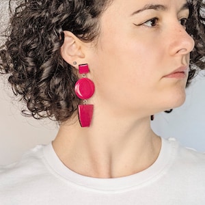 Statement handmade earrings with clip on for non pierced ears, Long geometric earrings in magenta, Unique dangle hot pink earrings