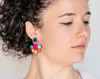 Multi coloured drop circle earrings with hypoallergenic studs, Handmade modern clip on earrings, Cyclamen lightweight earrings