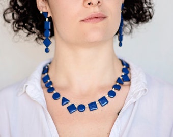 Navy blue statement necklace, Dark blue geometric necklace, Modern chunky necklace