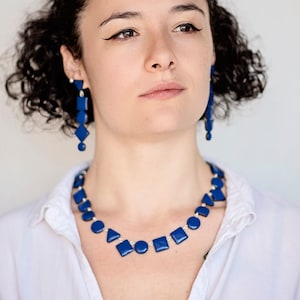 Navy blue statement necklace, Dark blue geometric necklace, Modern chunky necklace