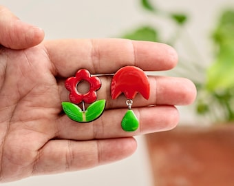 Mismatched red and green flower stud earrings, Cute floral summer earrings with hypoallergenic studs, Unique lightweight earrings