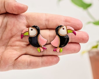 Cute toucan bird clip on earrings for non pierced ears, Lightweight nature stud earrings, Colorful summer earrings, Bird lover gift